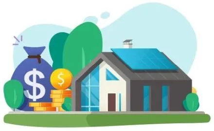 Ilustración de una casa con paneles solares junto a un saco de dinero y monedas, representando la deuda hipotecaria