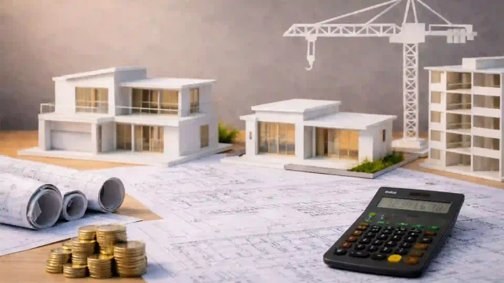 Maquetas de edificios junto a planos, monedas y una calculadora, representando el presupuesto de una reforma o construcción inmobiliaria