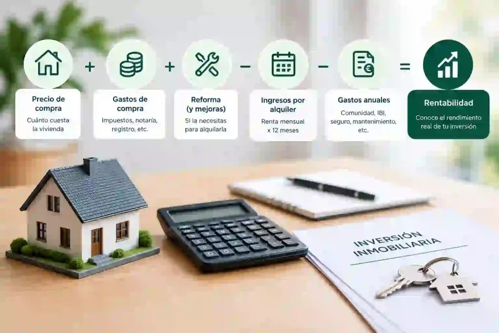 Infografía con la fórmula para calcular la rentabilidad bruta y neta de una inversión inmobiliaria: precio de compra, gastos, reforma, ingresos por alquiler y gastos anuales